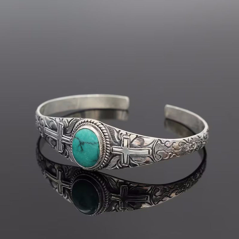 christiandiscipleshop Handmade Healing Nature Turquoise Retro Carving Cross Bracelet