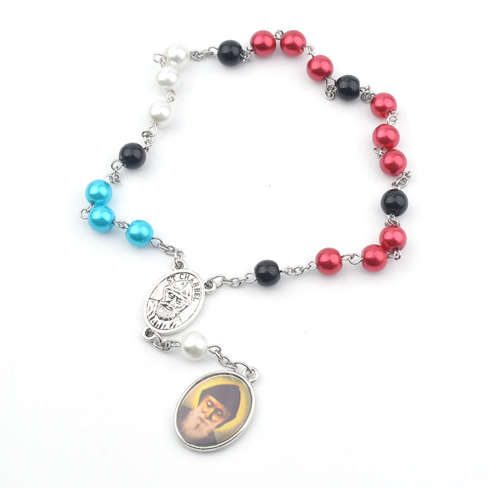 St. Charbel Pendant Glass Multicolor Beads Rosary
