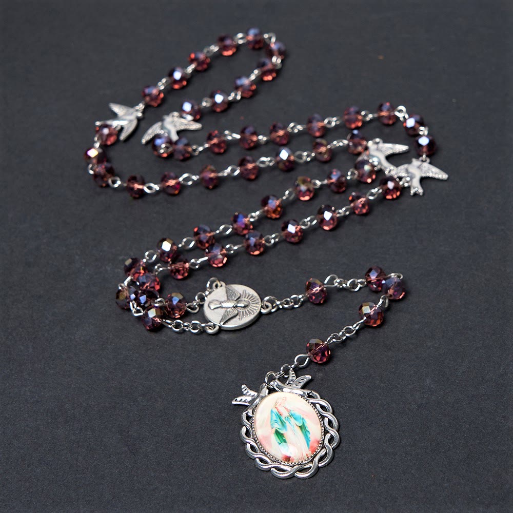 christiandiscipleshop Holy Spirit & Our Lady of Grace of 6*8 mm Polyhedron Purple Crystal Alloy Chain Rosary
