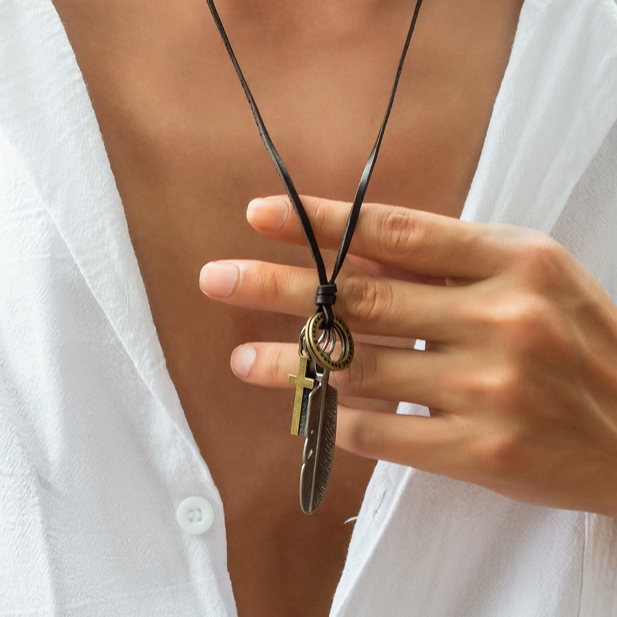 Christiandiscipleshop Feather Cross Pendant Leather Necklace
