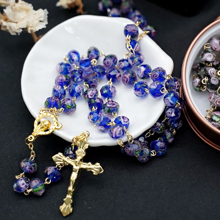 Christiandiscipleshop Flower Rose Glazed Beads Rosary with Mary & Crucifix