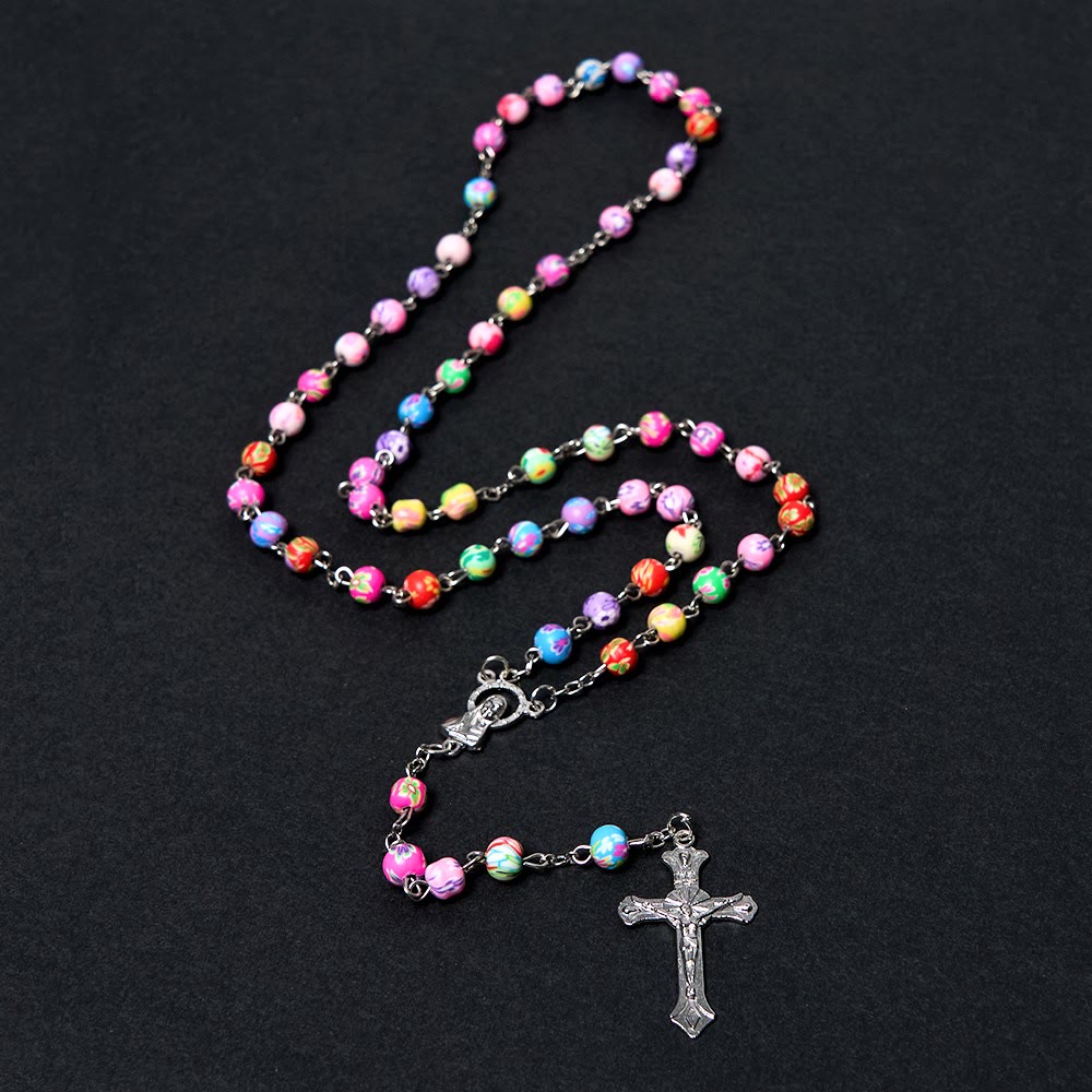 Christiandiscipleshop Our Lady of Guadalupe & Crucifix of 6 mm Round Multicolor Polymer Clay Alloy Chain Rosary