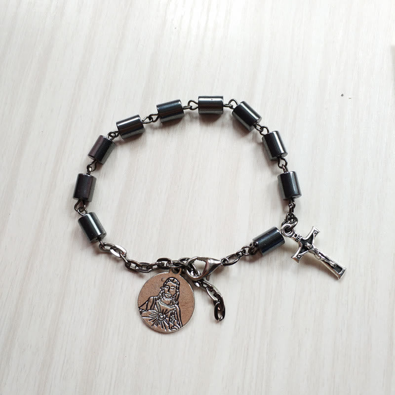 christiandiscipleshop Jesus Sacred Heart & Crucifix Hematite Simplicity Bracelet