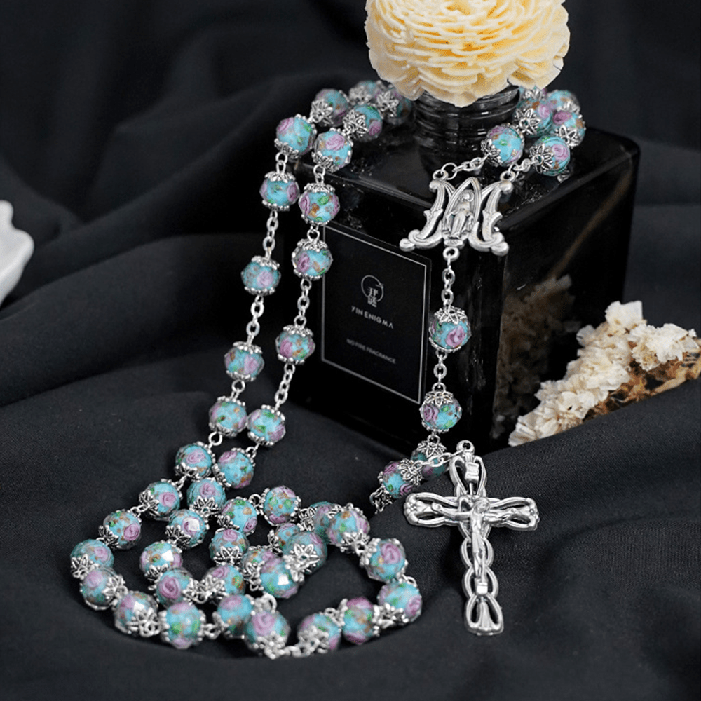 Christiandiscipleshop Glazed Crystal Rose Flower Beads Rosary