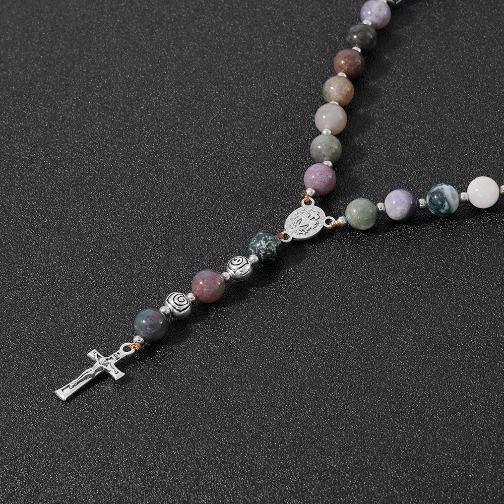 christiandiscipleshop Miraculous Medal & Crucifix of 8 mm Round Multicolor Stone Nylon Cord Rosary