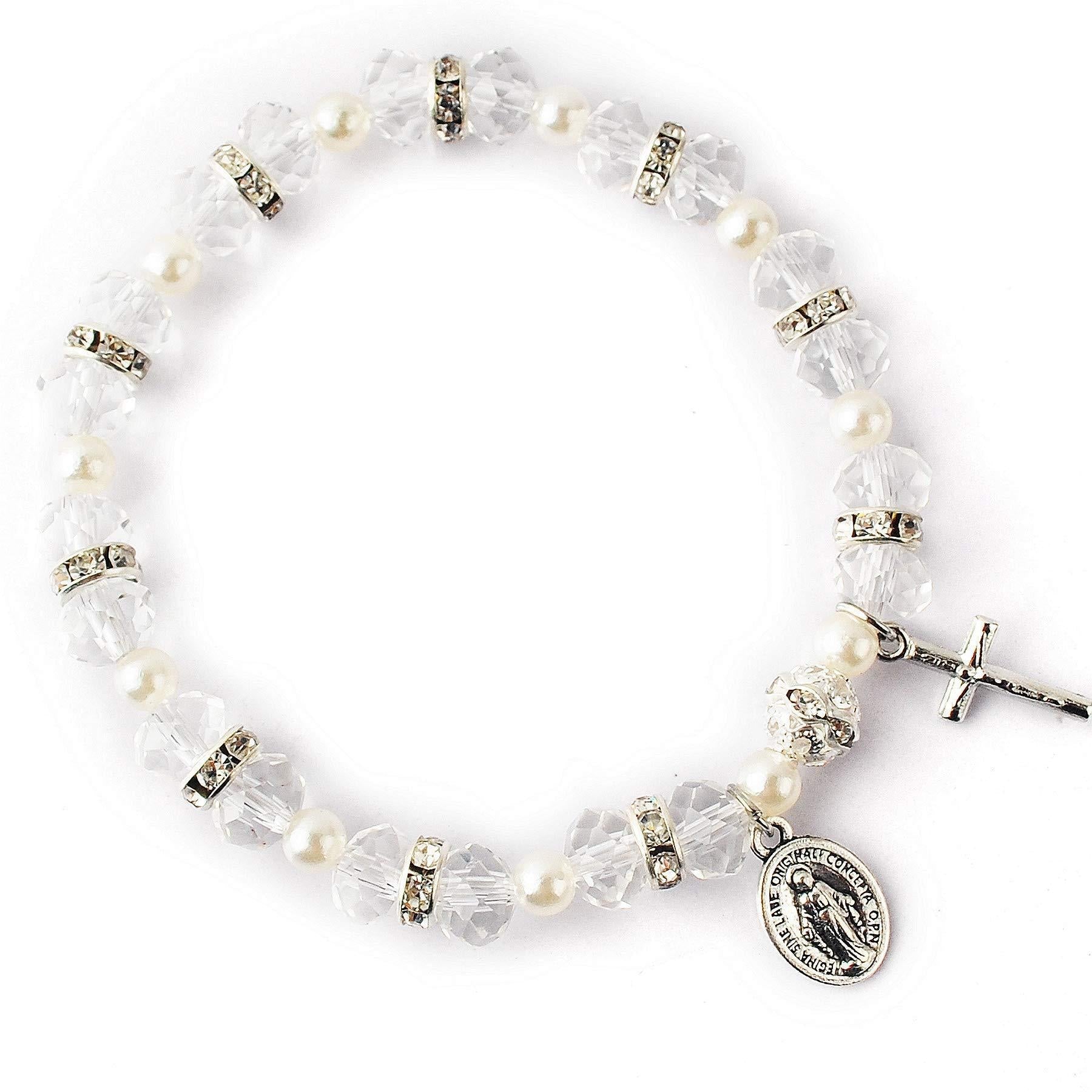 Christiandiscipleshop Crystal Beads Stretch Bracelet with Crucifix and Miraculous Medal
