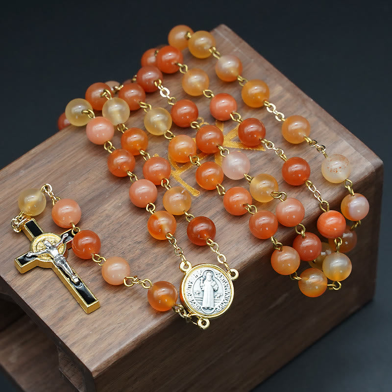 Christiandiscipleshop Natural Agate Rosary with St. Benedict & Crucifix