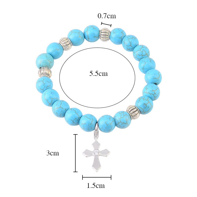 christiandiscipleshop Hand-Crafted Turquoise Beaded Cross Pendant Bracelet