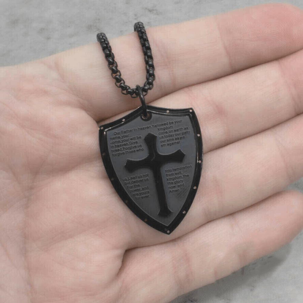 christiandiscipleshop Stainless Steel Lords Prayer Cross Shield Pendant Necklace