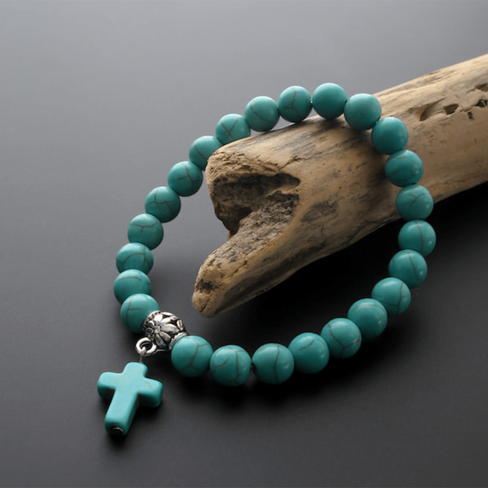 christiandiscipleshop Matte Frosted Turquoise Beads Crucifix Bracelet