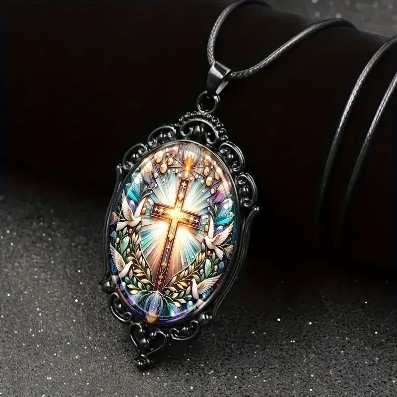 Christiandiscipleshop Retro Style Cross & Holy Dove Glass Pendant Necklace