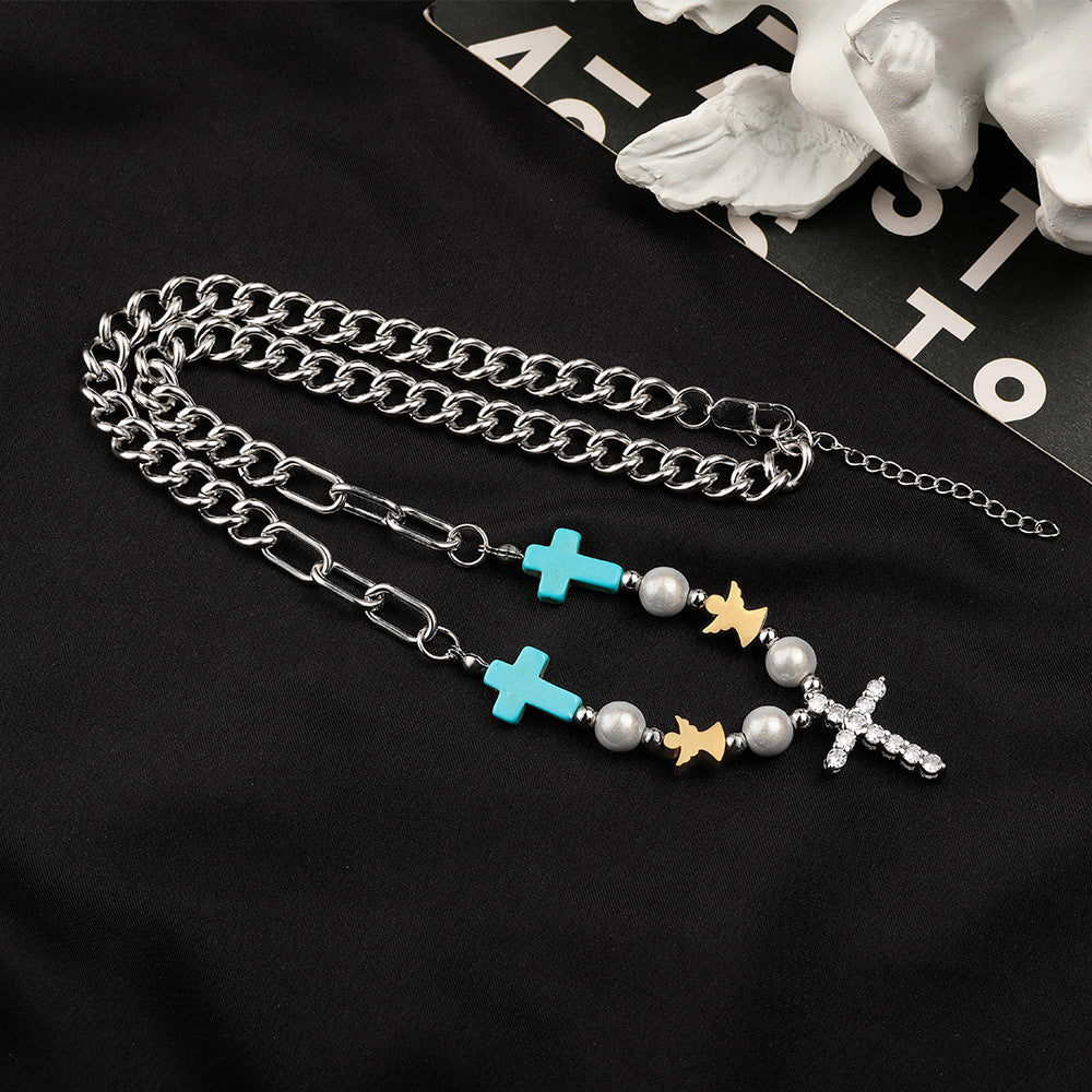 christiandiscipleshop Hand-Crafted Turquoise Zircon Cross Titanium Bracelet/Necklace