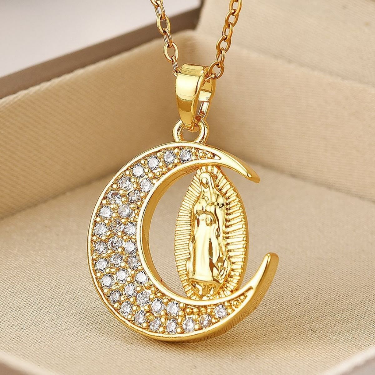 christiandiscipleshopthe Crescent Moon Our Lady of Guadalupe Maria Golden Necklace