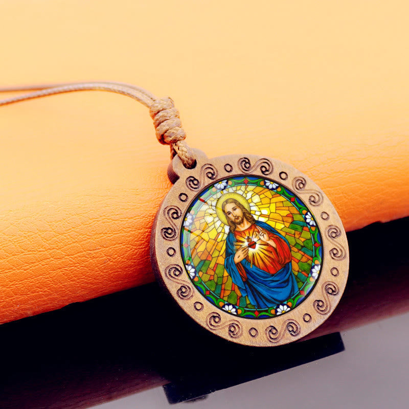 christiandiscipleshop Jesus Sacred Heart Time Gemstone Wood Pendant Necklace