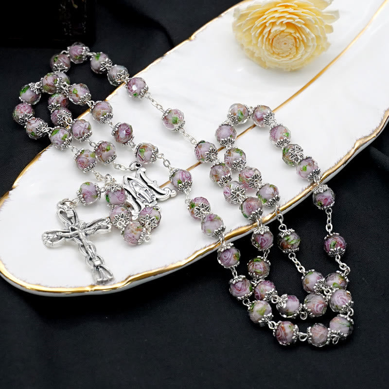 Christiandiscipleshop Glazed Crystal Rose Flower Beads Rosary