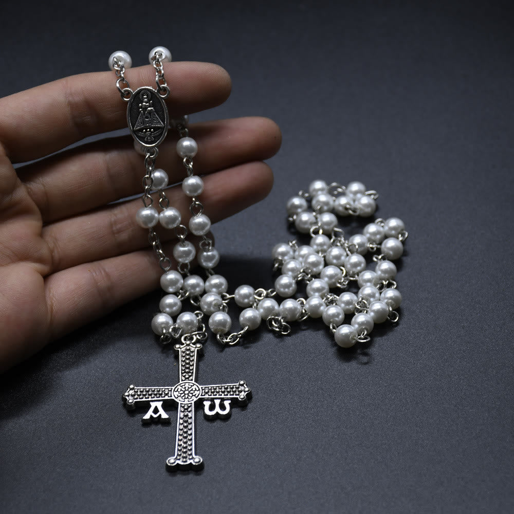 Christiandiscipleshop San Juan del Valle Medal & Cross of 6 mm Round White Glass Alloy Chain Rosary