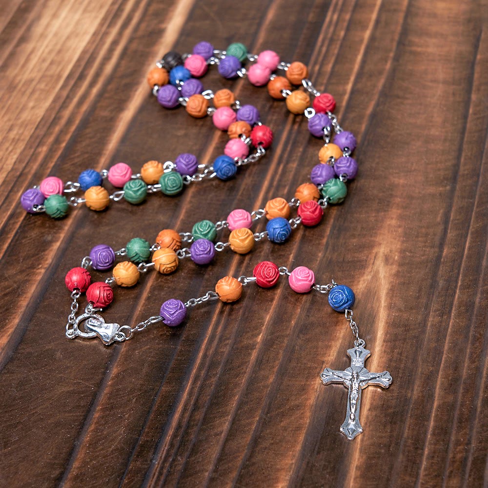 Christiandiscipleshop Our Lady of Guadalupe & Crucifix of 8 mm Rose Multicolor Resin Alloy Chain Rosary
