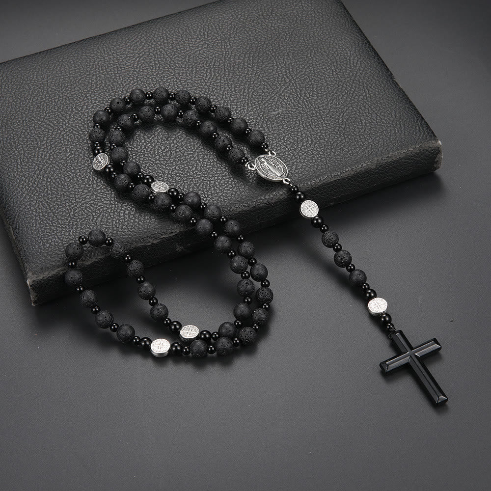 Christiandiscipleshop St. Benedict Medal & Cross of 8 mm Round Black Multi-material Nylon Cord Rosary