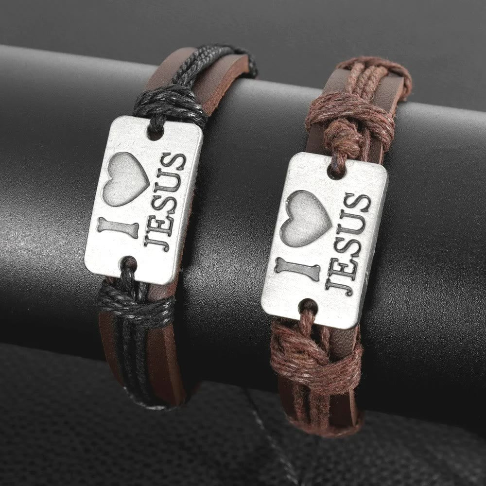 Christianartworkshop "I Love Jesus" Jewelry Cross Adjustable Leather Bracelet