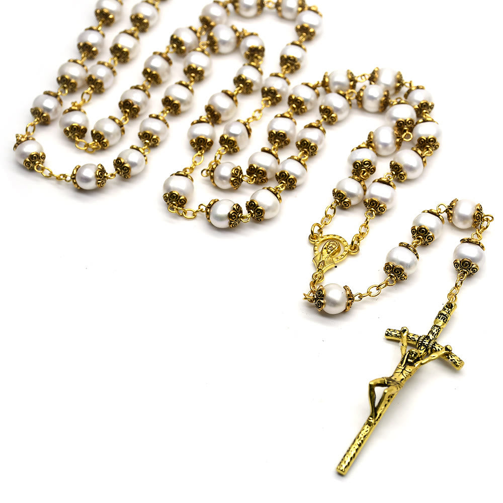 Christiandiscipleshop Our Lady of Grace & Crucifix of 8*9 mm Round White Pearl Alloy Chain Rosary