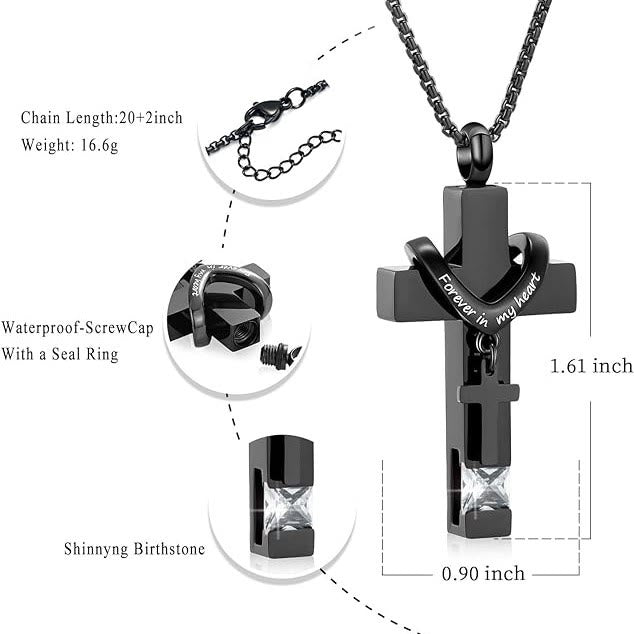 Christianartworkshop 12 Months Birthstone Double Cross Ashes Urn Pendant Necklace