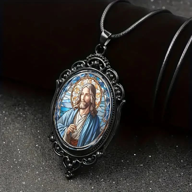 Christiandiscipleshop Retro Lace Oval Jesus Glass Pendant Necklace
