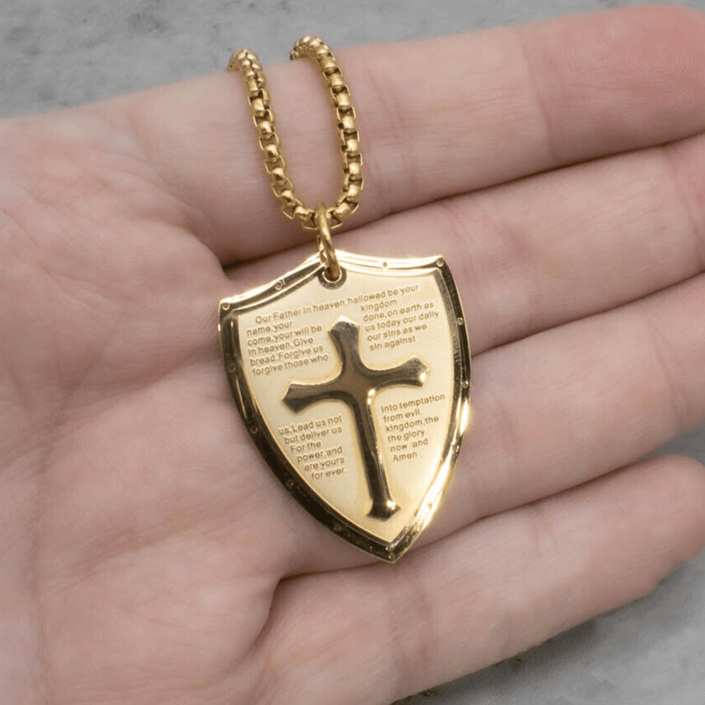 christiandiscipleshop Stainless Steel Lords Prayer Cross Shield Pendant Necklace