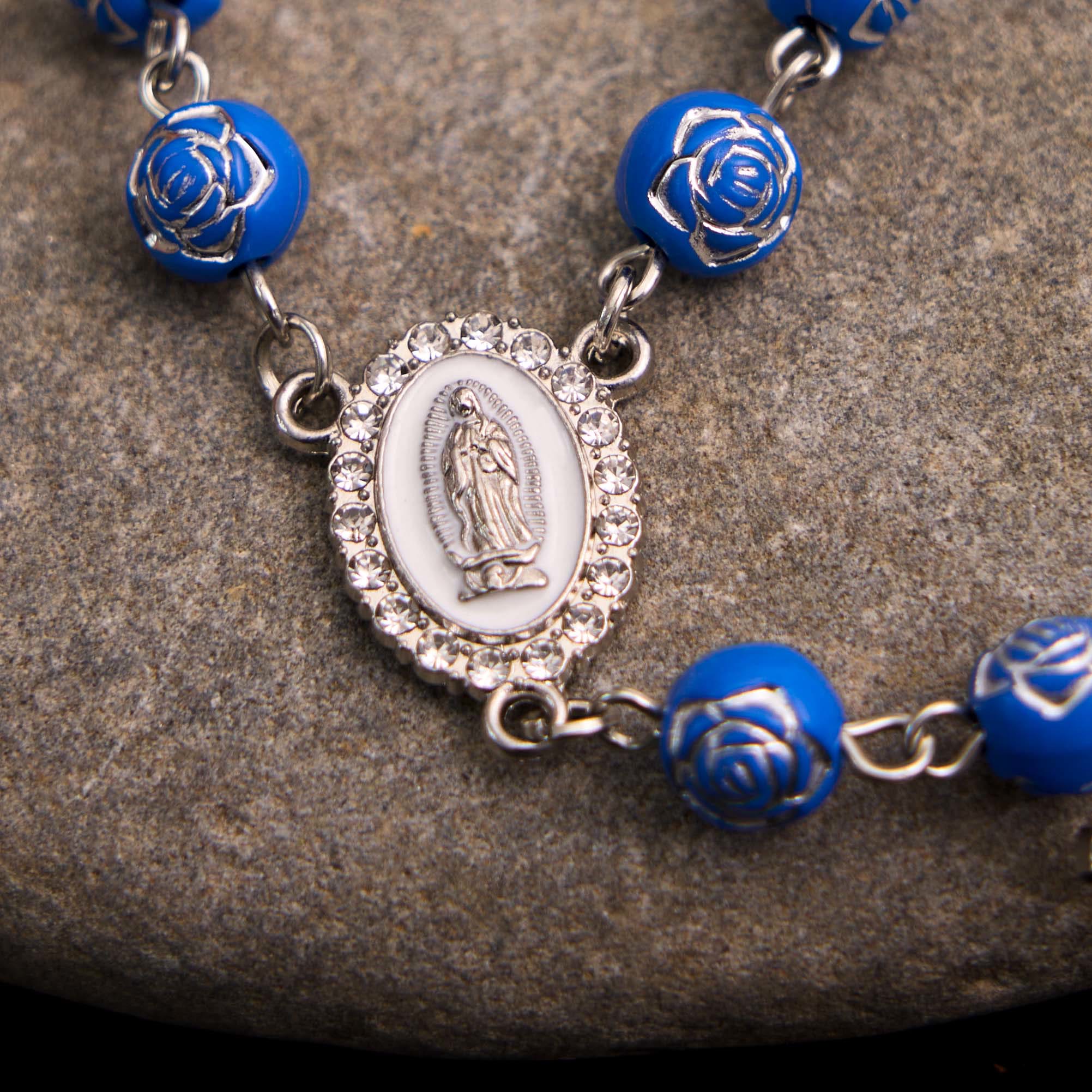 Rose Beads Cross Our Lady Of Guadalupe Bracelet Rosary