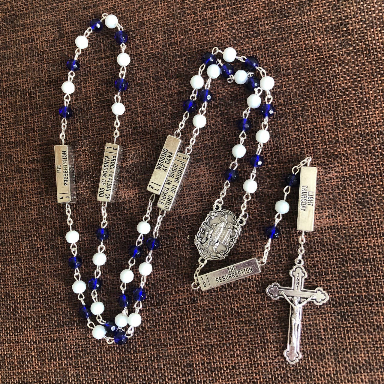 Blue & White Glass Beads Crucifix Jesus Rosary