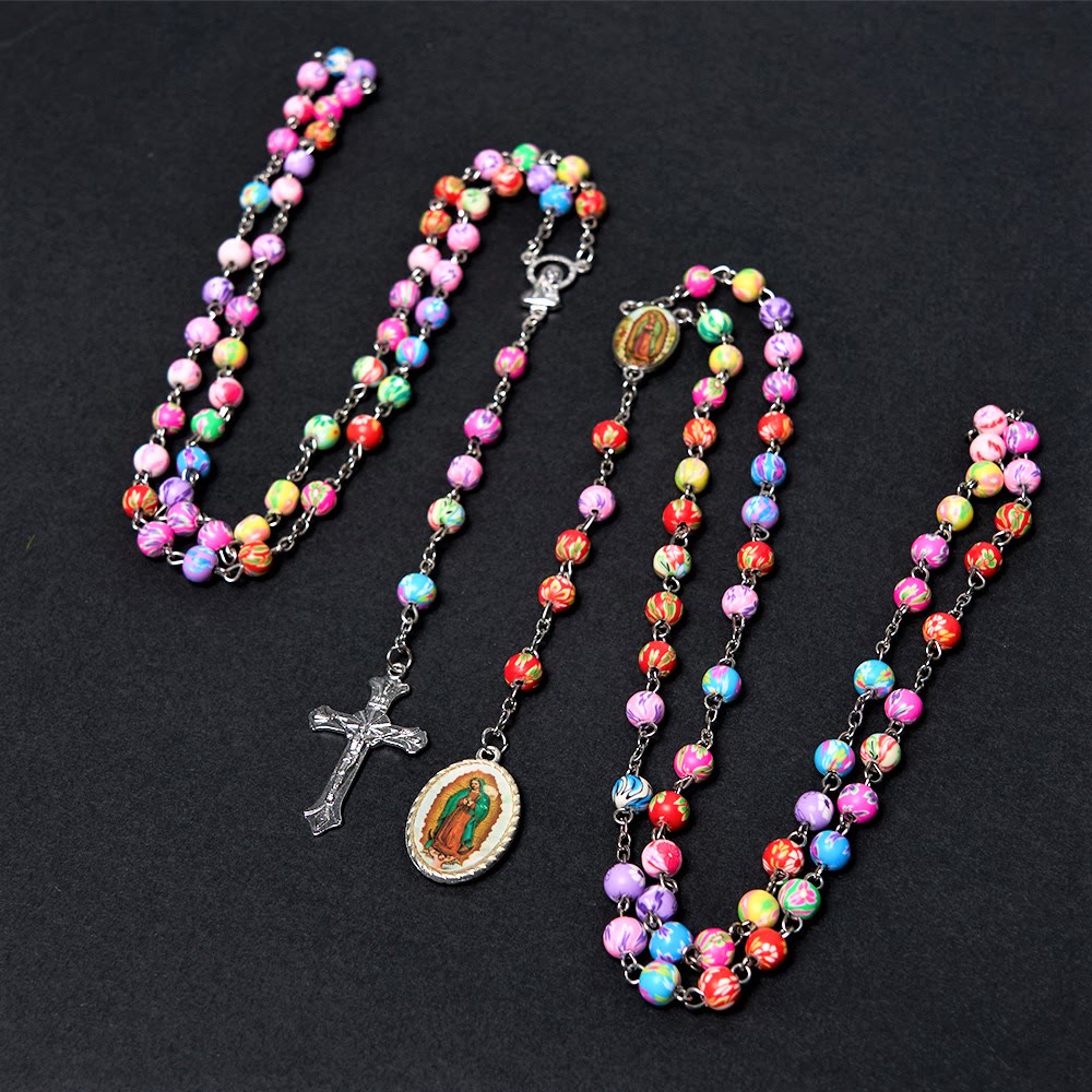 Christiandiscipleshop Our Lady of Guadalupe & Crucifix of 6 mm Round Multicolor Polymer Clay Alloy Chain Rosary