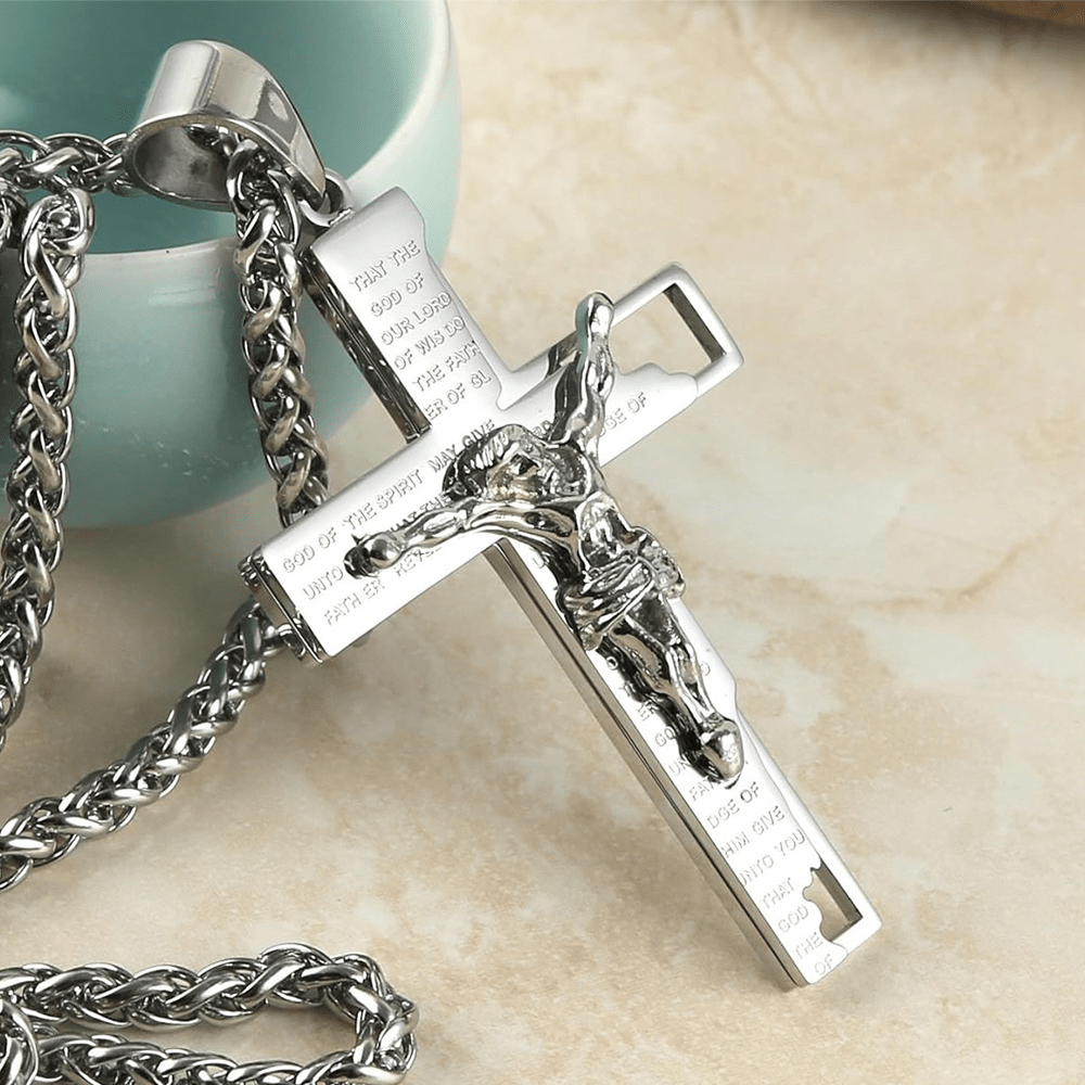 christiandiscipleshop Stainless Steel Crucifix Bible Prayer Pendant Necklace Chain