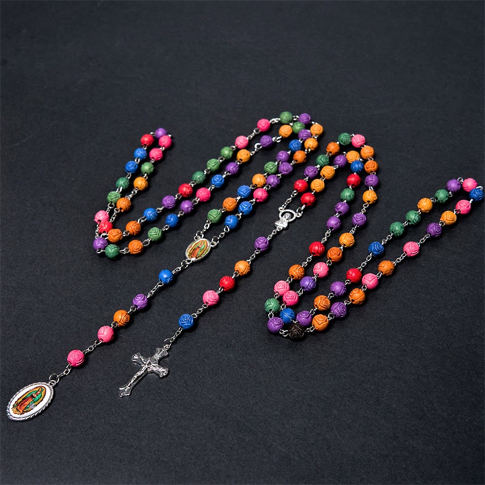 Christiandiscipleshop Our Lady of Guadalupe & Crucifix of 8 mm Rose Multicolor Resin Alloy Chain Rosary