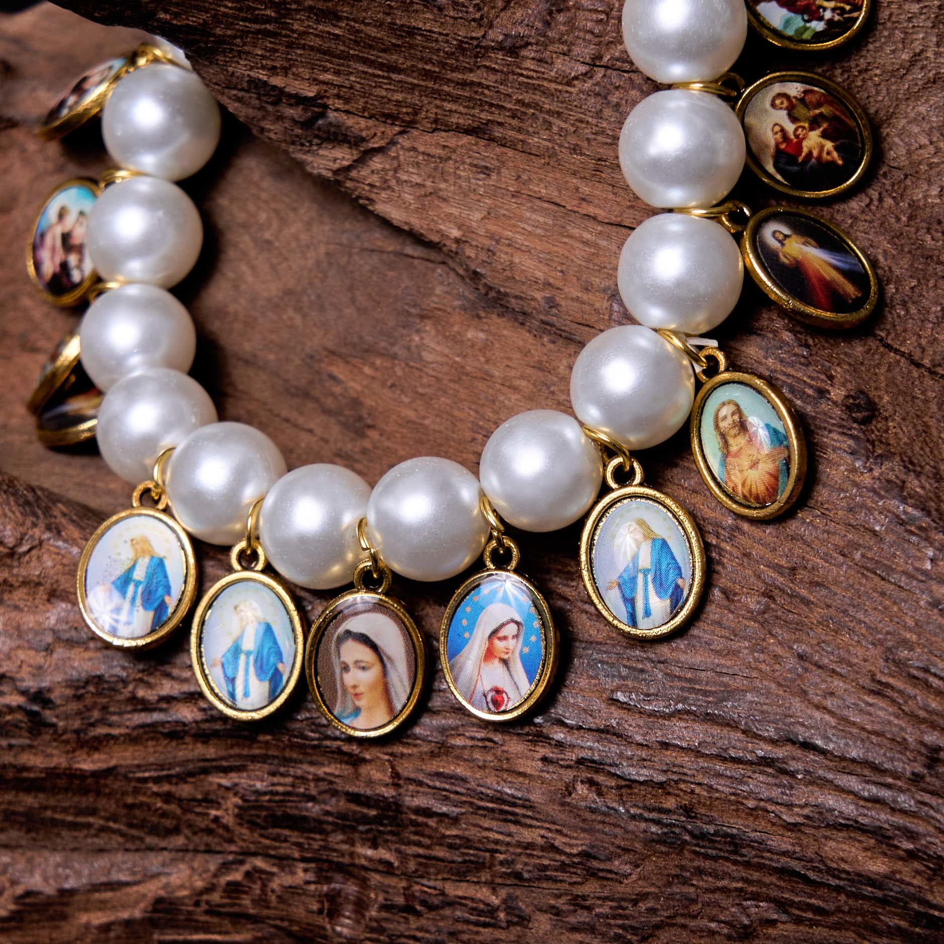 Christiandiscipleshop Retro Style Saint Jesus Mary Medals Cross Pearl Bracelet