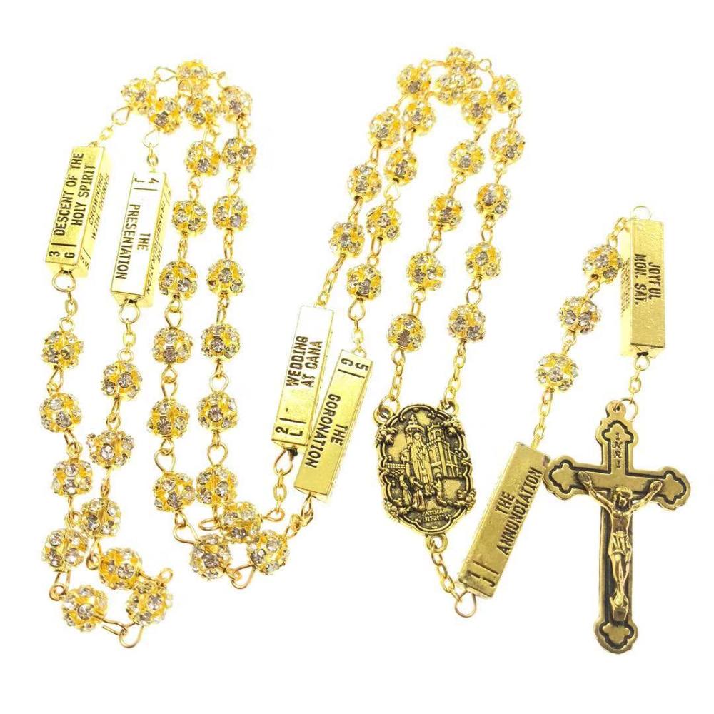 Christiandiscipleshop Our Lady of Fátima & Crucifix of 8 mm Round Golden Metal Gems Alloy Chain Rosary