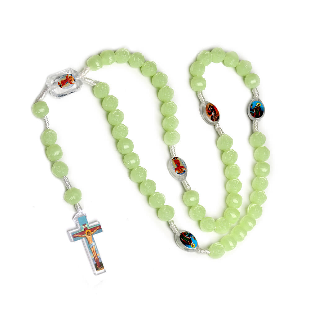 Christiandiscipleshop Crucifix of 10 mm Rose Luminous Green Resin Nylon Cord Rosary