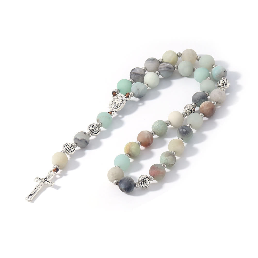 christiandiscipleshop Miraculous Medal & Crucifix of 8 mm Round Multicolor Stone Nylon Cord Rosary
