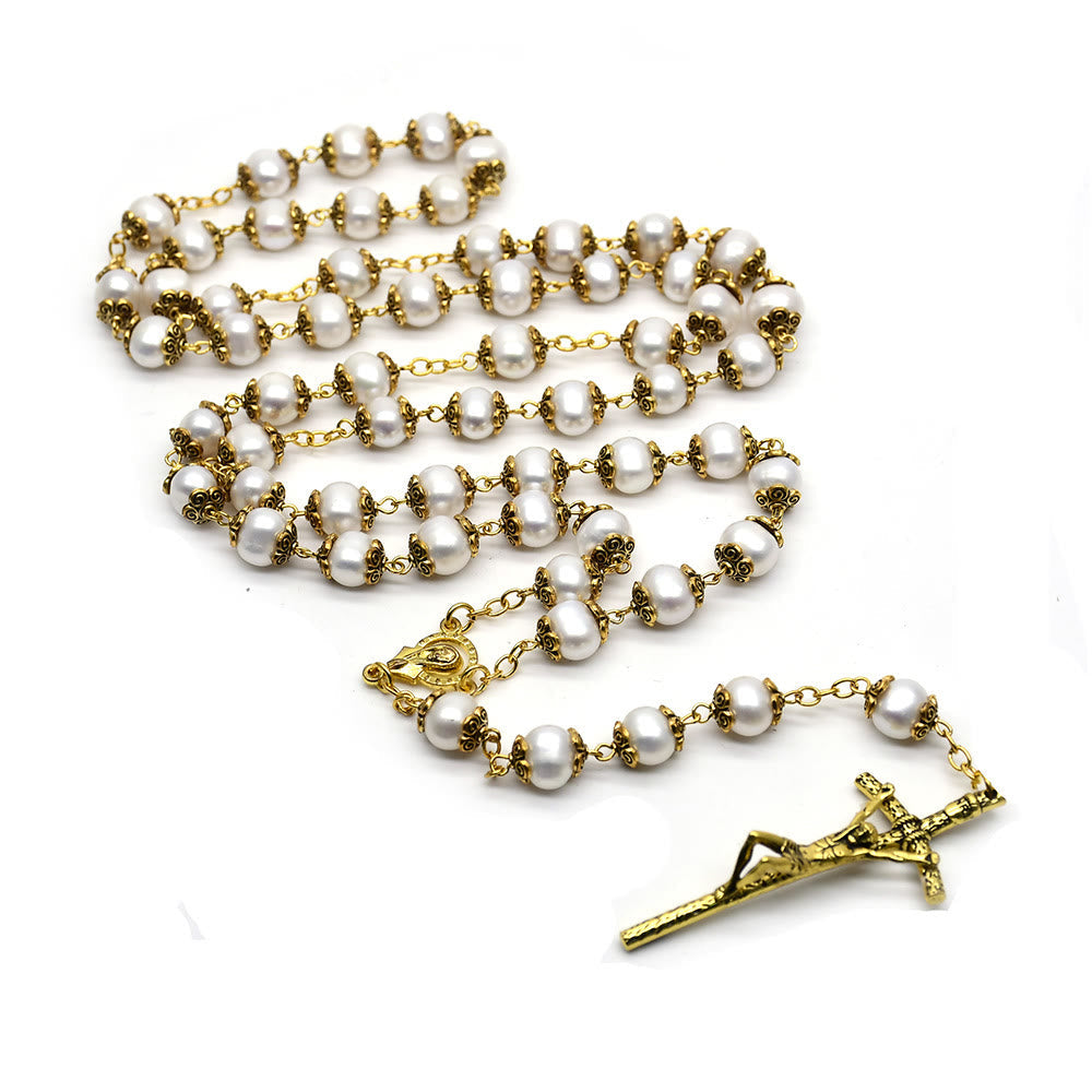 Christiandiscipleshop Our Lady of Grace & Crucifix of 8*9 mm Round White Pearl Alloy Chain Rosary