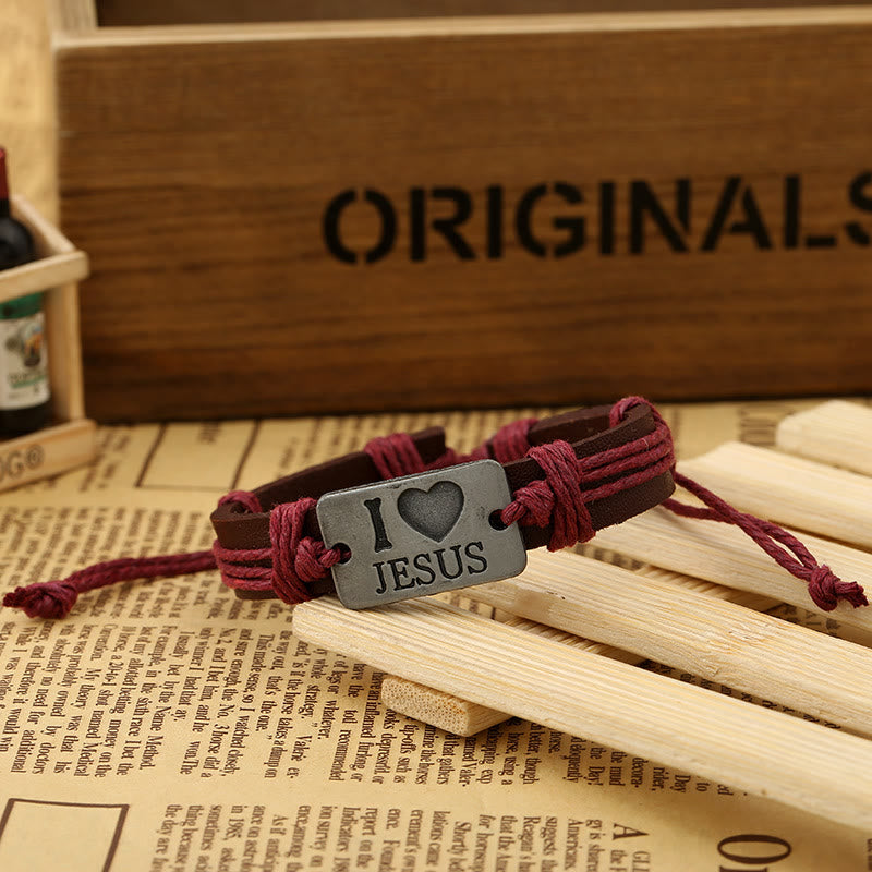 Christianartworkshop "I Love Jesus" Jewelry Cross Adjustable Leather Bracelet