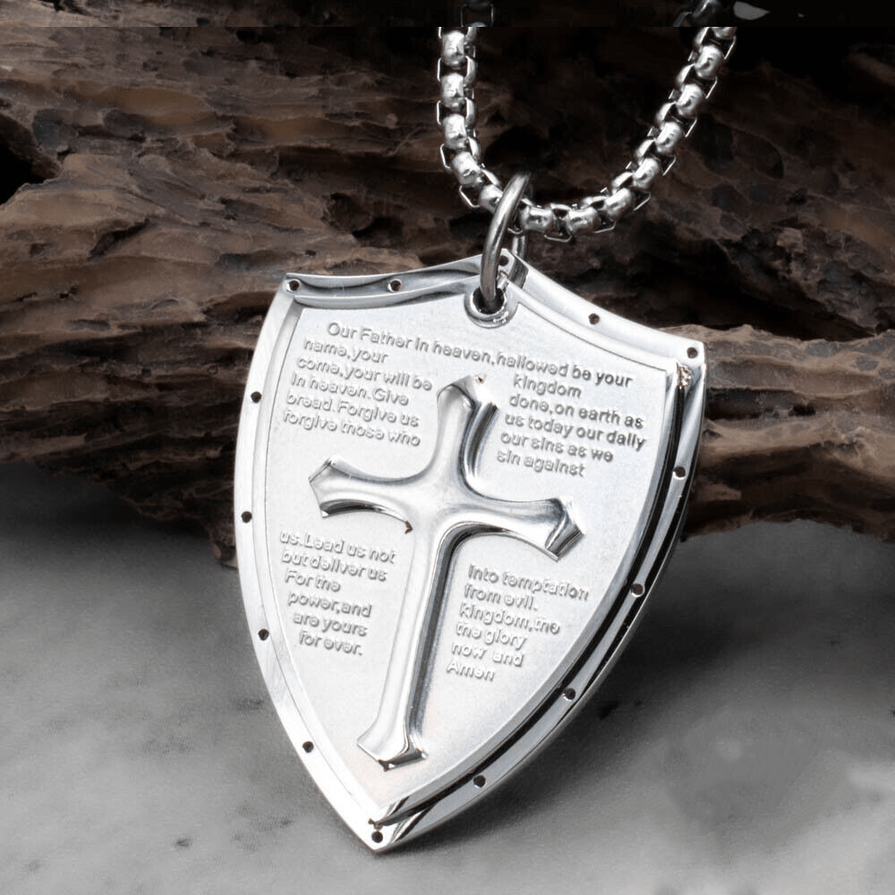 christiandiscipleshop Stainless Steel Lords Prayer Cross Shield Pendant Necklace