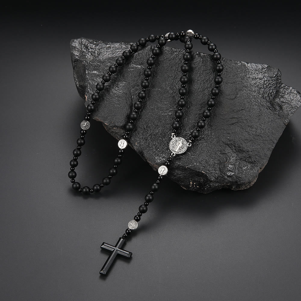 Christiandiscipleshop St. Benedict Medal & Cross of 8 mm Round Black Multi-material Nylon Cord Rosary