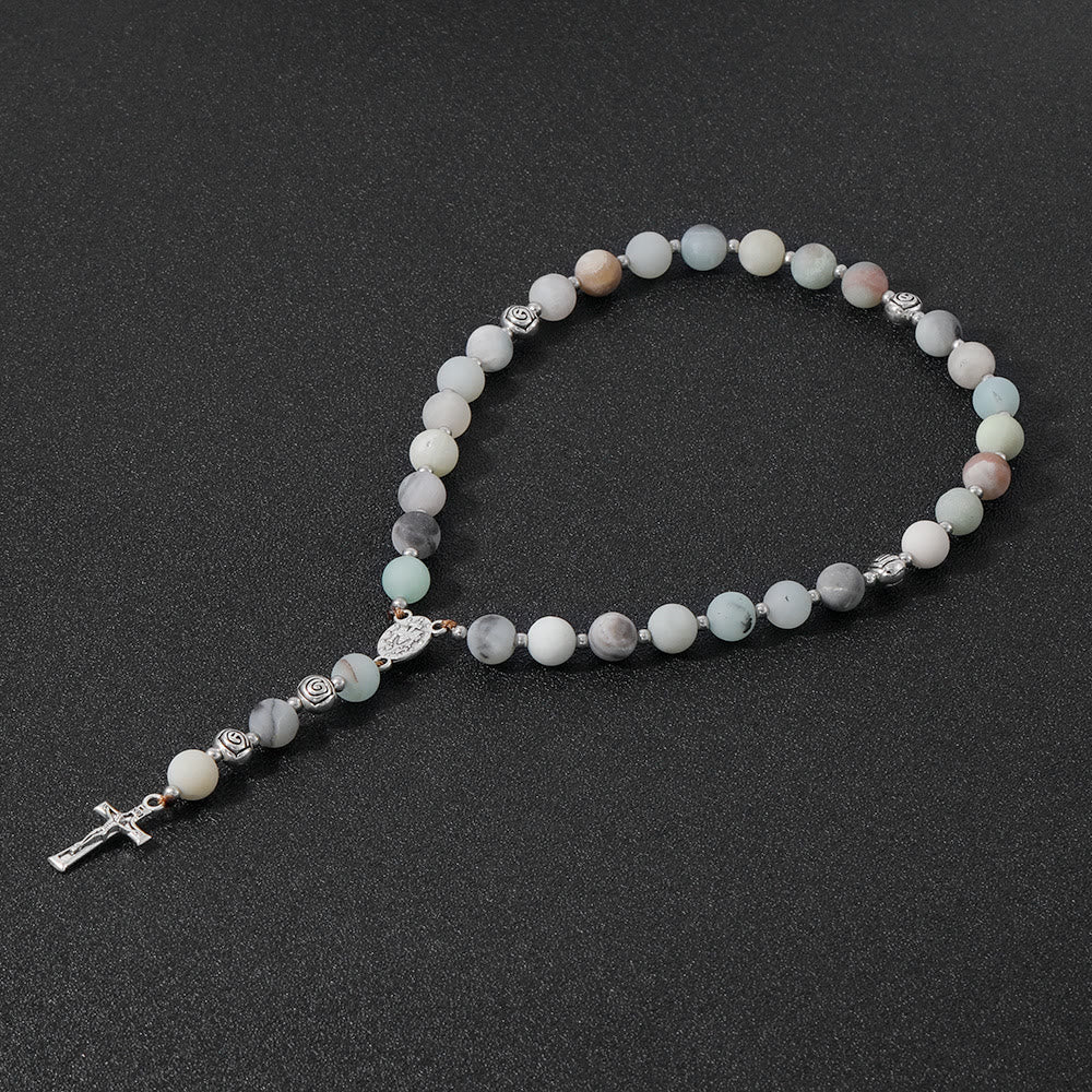 christiandiscipleshop Miraculous Medal & Crucifix of 8 mm Round Multicolor Stone Nylon Cord Rosary