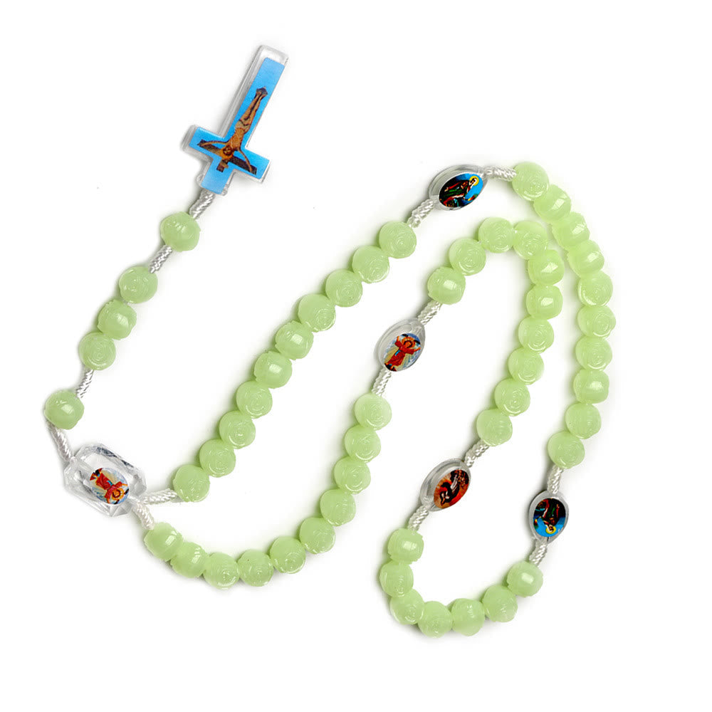 Christiandiscipleshop Crucifix of 10 mm Rose Luminous Green Resin Nylon Cord Rosary
