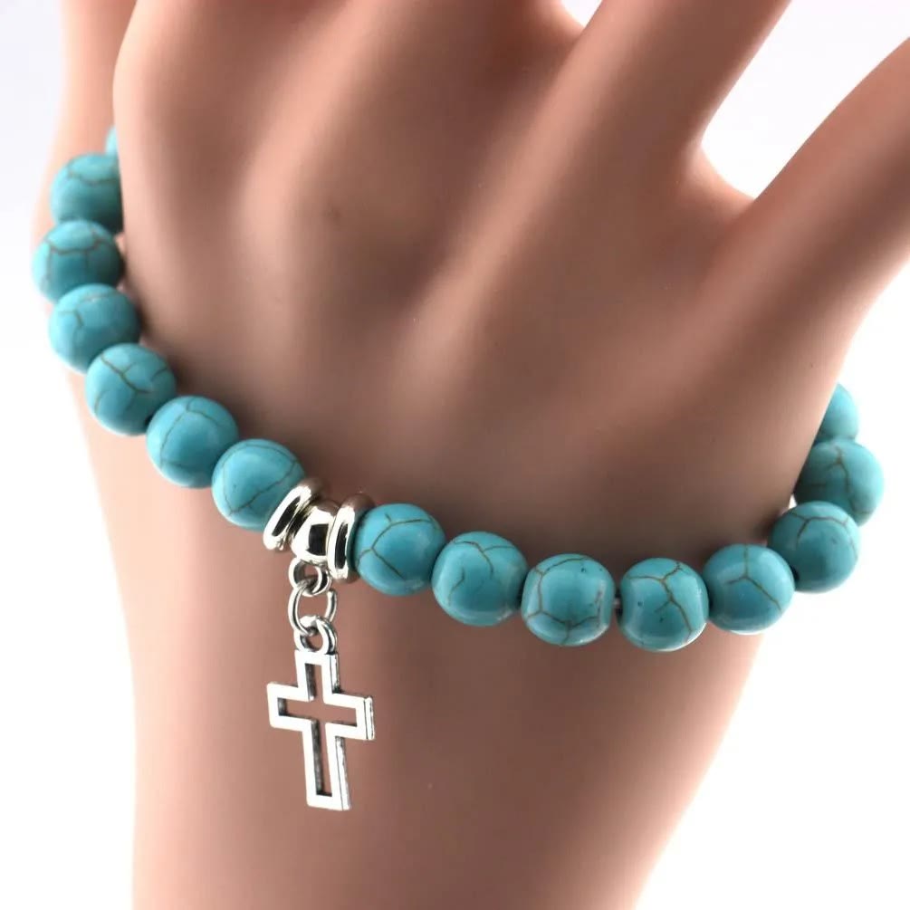 Christianartworkshop 10mm Turquoise Beads Christian Cross Bracelet