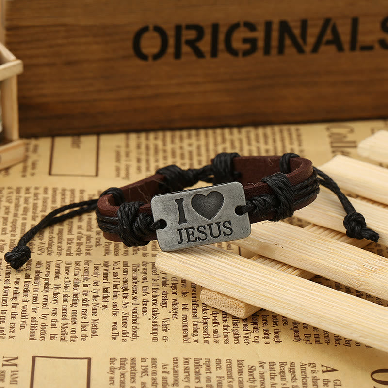 Christianartworkshop "I Love Jesus" Jewelry Cross Adjustable Leather Bracelet