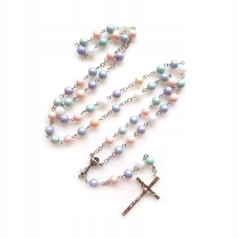 christiandiscipleshop Holy Grail & Crucifix of 8 mm Round Multicolor Acrylic Alloy Chain Rosary