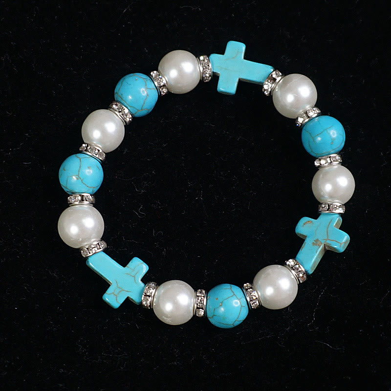 Christiandiscipleshop Pearl & Turquoise Cross Healing Energy Bracelet