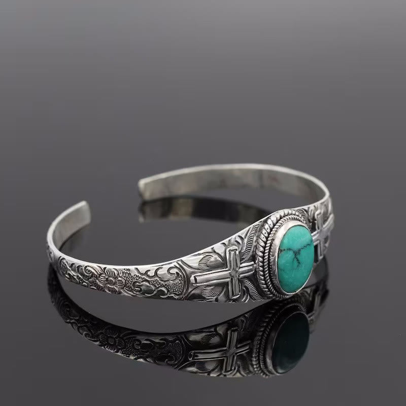 christiandiscipleshop Handmade Healing Nature Turquoise Retro Carving Cross Bracelet