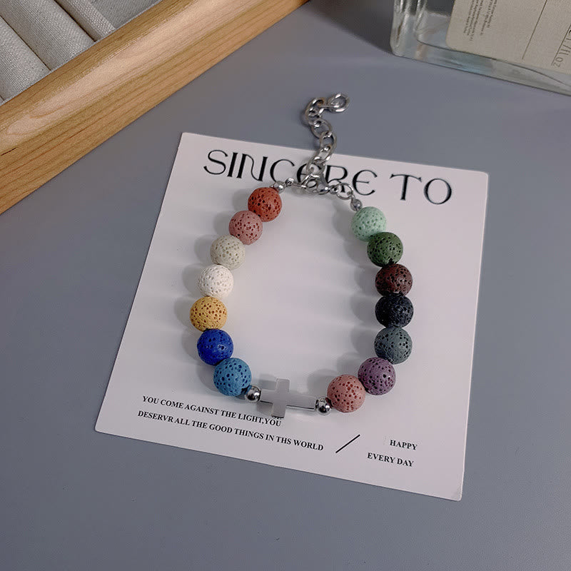 Christianartworkshop Minimalist Style Colored Volcanic Stone Beads Cross Bracelet