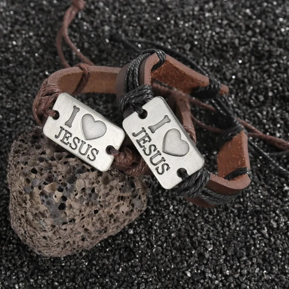 Christianartworkshop "I Love Jesus" Jewelry Cross Adjustable Leather Bracelet