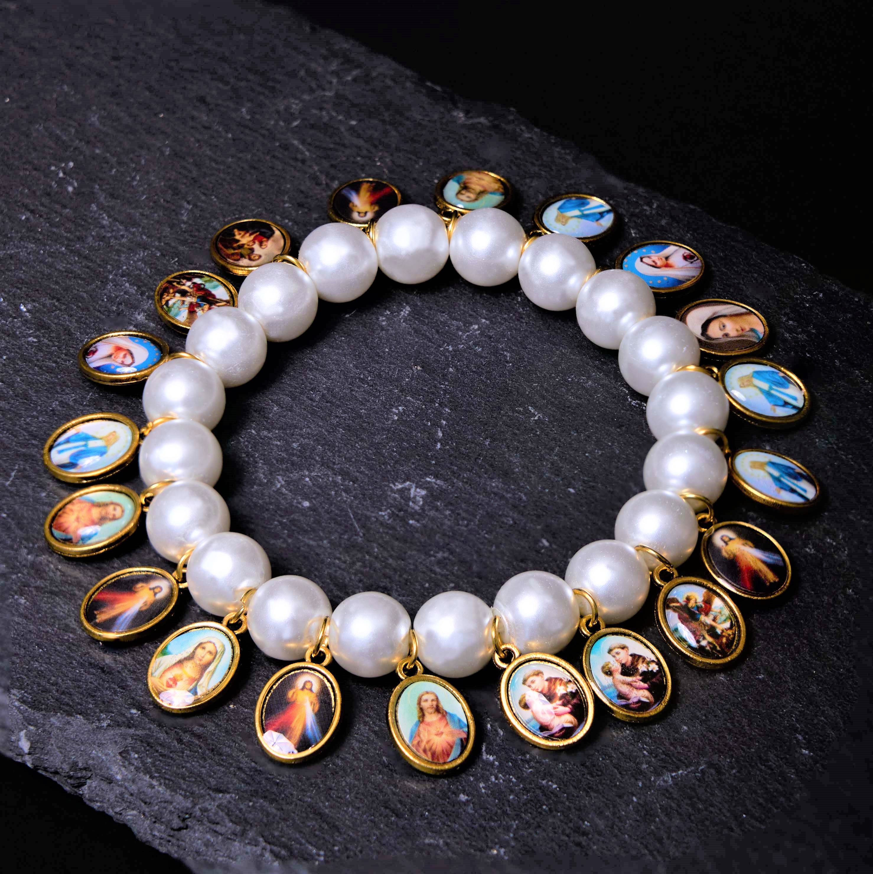 Christiandiscipleshop Retro Style Saint Jesus Mary Medals Cross Pearl Bracelet